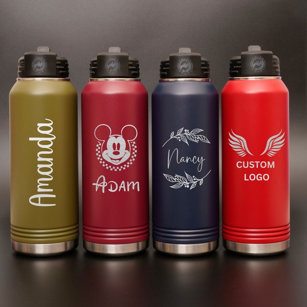 Personalized Laser Engraved Water Bottle With Custom Image Logo Text, 20oz 32oz 40oz Stainless Steel Insulated Name Water Bottle With Straw