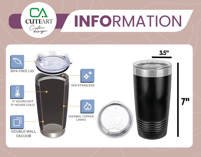 May include: A black stainless steel tumbler with a double wall vacuum and thermal copper lining. The tumbler is 7 inches tall and 3.5 inches wide. It has a BPA free lid and is made of 18/8 stainless steel.