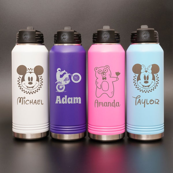 Personalized Laser Engraved Water Bottle With Custom Image Logo Text, 20oz 32oz 40oz Stainless Steel Insulated Name Water Bottle With Straw