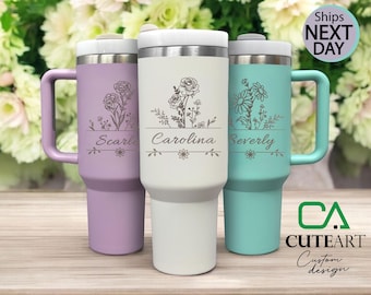 Personalized Birth Flower 40oz Tumbler with Handle and Straw, Mom Tumbler, Bridesmaid Tumbler, Birthday Gift, Mothers Day Gift, Mom for Gift