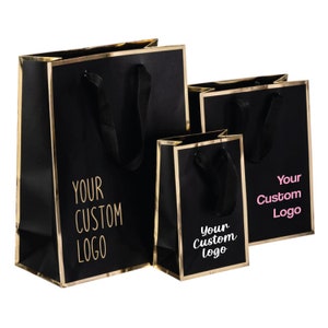 25 Custom Logo Boutique Paper Bags, Black and Gold, Kraft Paper Bag, Shopping Bags with Handle, Boutique Retail Bag, Party Gift Bag