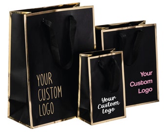 25 Custom Logo Boutique Paper Bags, Black and Gold, Kraft Paper Bag, Shopping Bags with Handle, Boutique Retail Bag, Party Gift Bag