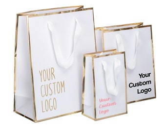 25 sacs en papier de boutique avec logo personnalisé, blanc et or, sac en papier kraft, sacs à provisions avec poignée, sac de vente au détail de boutique, sac cadeau de fête