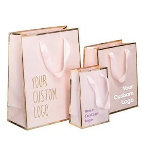 25 Custom Logo Boutique Paper Bags, Pink and Gold, Kraft Paper Bag, Shopping Bags with Handle, Boutique Retail Bag, Party Gift Bag
