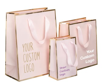 25 Custom Logo Boutique Paper Bags, Pink and Gold, Kraft Paper Bag, Shopping Bags with Handle, Boutique Retail Bag, Party Gift Bag