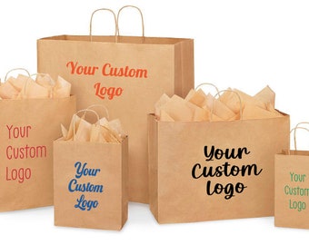 25 Custom Logo Boutique Paper Bags, Kraft Paper Bag, Shopping Bags with Handle, Clothes Merchandise Bag, Boutique Retail Bag, Party Gift Bag