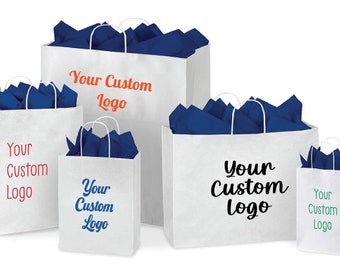 25 Custom Logo Boutique Paper Bags, Kraft Paper Bag, Shopping Bags with Handle, Clothes Merchandise Bag, Boutique Retail Bag, Party Gift Bag