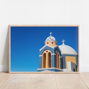 Printable, orthodoxe Kirche, Santorini Ansichten, Griechenland, blau und gelb, digitaler Download, Europa, Wandkunst, Dekoration