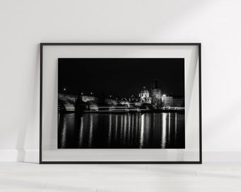 Black and White Prague, Night Photo, Charles Bridge at Night, Travel Photo, Photo Print, Europe, Wall Art, Home Decor