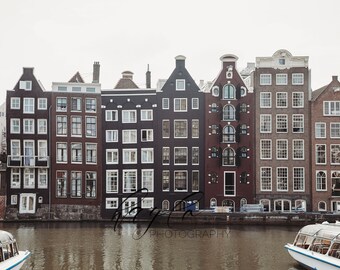 Printable, Amsterdam Canal Houses, Netherlands Photo, European Wall Art, Travel Photography, Neutral, Home Decor, Urban Architecture