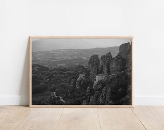 Black and White view of Meteora, Greece, Monasteries in the Sky, Photo Print, Europe, Wall Art, Home Decor