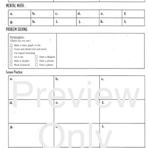 May include: A white math worksheet with the title "MATH FACTS PRACTICE" at the top. The worksheet includes sections for mental math, problem-solving strategies, and lesson practice. The word "Preview Only" is printed across the page.
