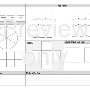 May include: A black and white printable worksheet for kids to practice math skills. The worksheet includes sections for place value, fact families, a 100 chart, greater than or less than, and a bonus question.