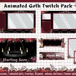 Animiertes Twitch Overlay Goth Paket, Twitch Panels, Twitch Alarme, Twitch Chat Box Webcam, Goth Stream Overlay, Twitch Banner, Etiketten