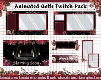 Animated Twitch Overlay Goth Package, Twitch Panels, Twitch Alerts, Twitch Chat Box Webcam, Goth Stream Overlay, Twitch Banner, Labels