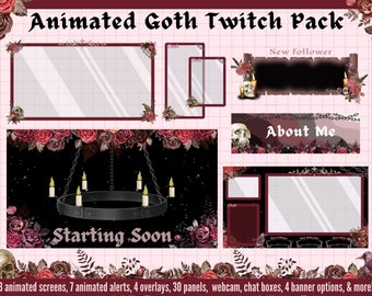 Animated Goth Twitch Overlay Package, Twitch Panels, Twitch Alerts, Twitch Chat Box Webcam, Goth Stream Overlay, Twitch Banner, Background