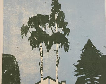 Original woodcut Birches 2024 Berlin Suburbia Linocut Trees