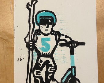 Original color woodcut “Modern Warrior”, map, woodcut, lino