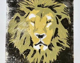 Original color woodcut lion 8/8, woodcut, print, lino, linocut