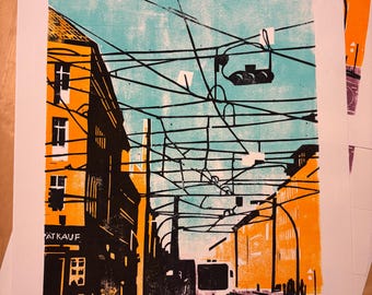 Originele houtsnede: The Wires - Berlin Schöneweide 2026, proefafdruk