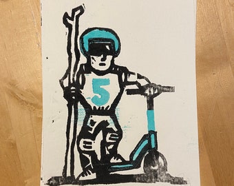 Original color woodcut “Modern Warrior”, map, woodcut, lino