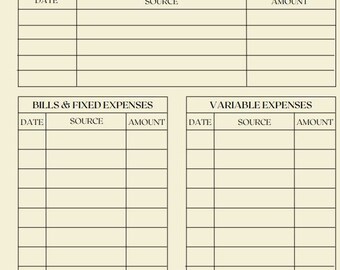 Op de afbeelding: Een printbaar budgettracker-werkblad met secties voor inkomsten, rekeningen en vaste uitgaven, variabele uitgaven en een samenvatting. Het werkblad heeft kolommen voor datum, bron en bedrag.