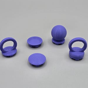 May include: Five purple 3D printed objects, including a sphere, two rings, and two flat discs. The sphere is on a small base. The rings are on bases with a raised edge. The discs are flat and have a textured surface.