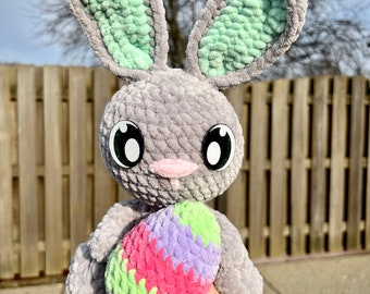 Handmade Chenille Crochet Easter Bunny Plushie, Pastel Egg