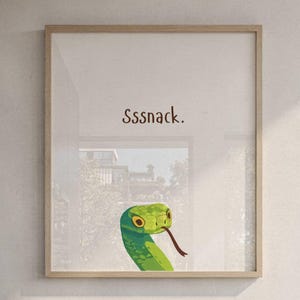 Sssnack ormposter, nyckfull kökskonst, minimalistisk reptildekor, roligt matcitattryck, modern lägenhetsväggkonst, digital nedladdning