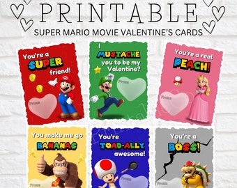 Op de afbeelding: Zes printbare Valentijnskaartjes met personages uit de Super Mario Bros. film. De kaartjes tonen Mario, Luigi, Peach, Donkey Kong, Toad en Bowser. Elk kaartje heeft een andere boodschap en een hartvormige ruimte voor een naam.