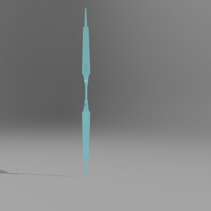 May include: A light blue, thin, vertical, geometric shape with a pointed top and bottom. The shape is symmetrical and has a slight curve in the middle.