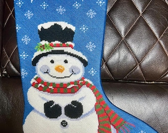 Snowman needlepoint Christmas stocking.