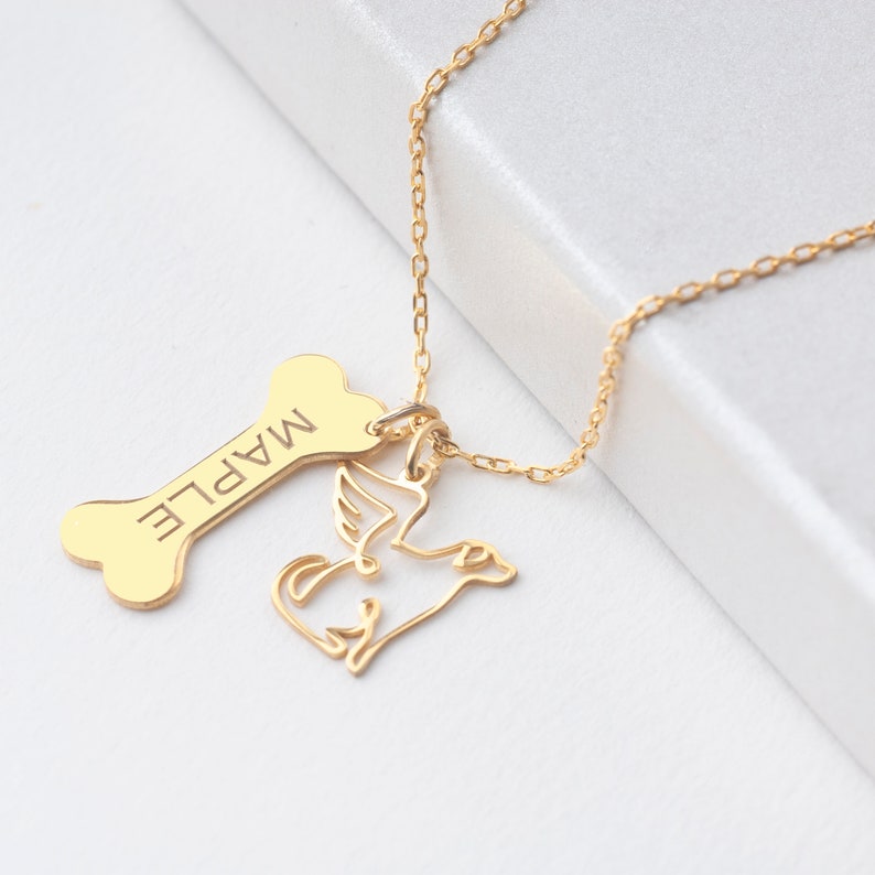 Custom Dog Name Necklace Bone Necklace With Angel Charm Pet Etsy