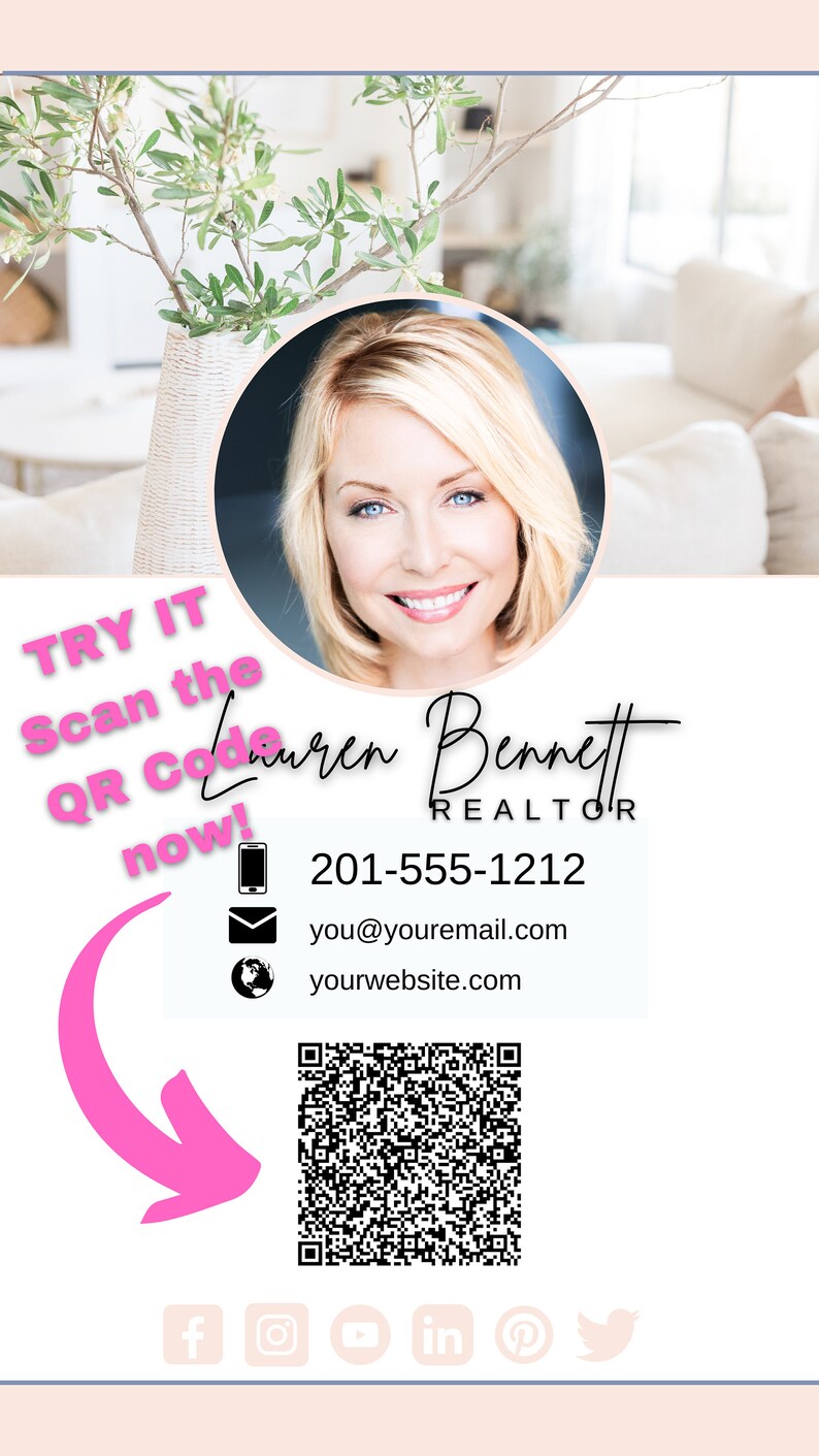 Digital Business Card With QR Code, Pink Digital Business Card for Realtors, Real Estate