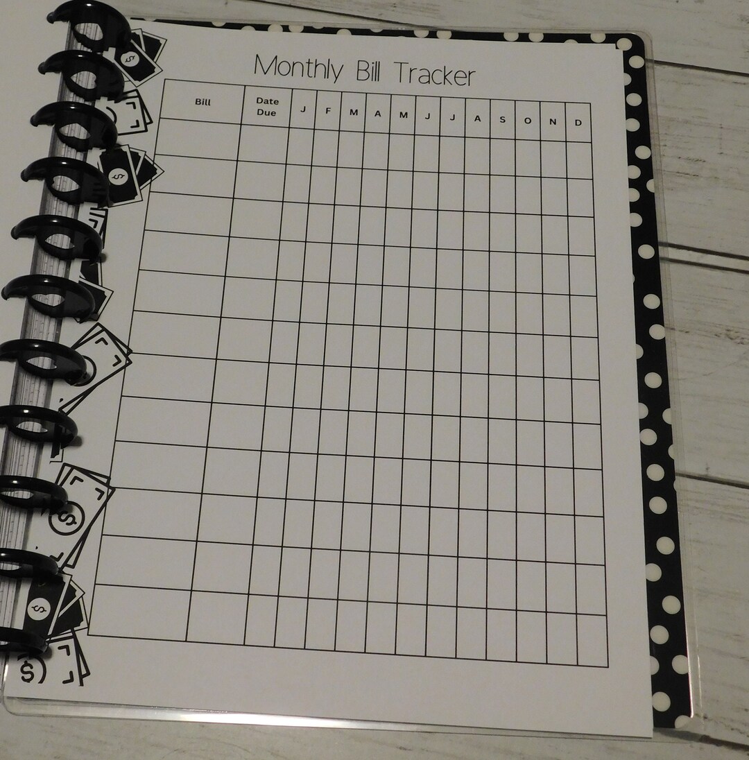 Monthly Bill Tracker Planner Printable | Happy Planner Budget Printable | Black &amp; White - Etsy