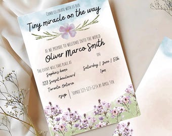 Cyfrowy szablon zaproszenia na baby shower Lawendowe pole | Szablon cyfrowego zaproszenia na baby shower z motywem lawendowego pola | Edytuj na Canva