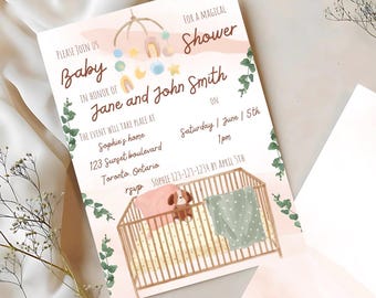 Cyfrowy szablon zaproszenia na baby shower, łóżeczko i karuzela | Cyfrowy szablon zaproszenia na baby shower, łóżeczko i karuzela | Edytuj w Canva