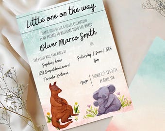 Cyfrowy szablon zaproszenia na baby shower Kangur i Panda | Szablon zaproszenia na baby shower z motywem kangura i pandy | Edytuj w Canva