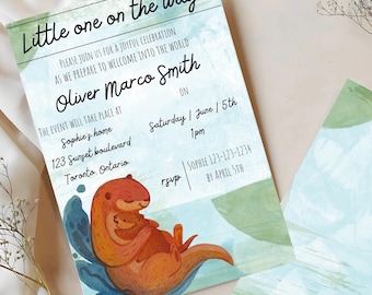 Cyfrowy szablon zaproszenia na baby shower Otter Mama | Cyfrowy szablon zaproszenia na baby shower Mom Otter | Edytuj na Canva