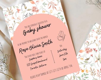 Cyfrowy szablon zaproszenia na baby shower różowe kwiaty | Cyfrowy szablon zaproszenia na baby shower różowe kwiaty | Edytuj w Canva