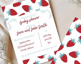 Cyfrowy szablon zaproszenia na baby shower Truskawki | Cyfrowy szablon zaproszenia na baby shower z truskawkami | Edytuj w Canva