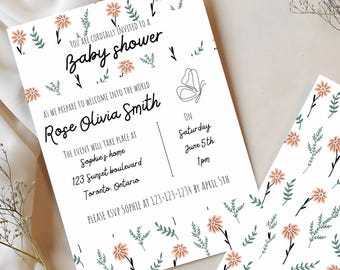 Cyfrowy szablon zaproszenia na baby shower z delikatnymi kwiatami | Szablon cyfrowego zaproszenia na baby shower z delikatnymi kwiatami | Edytuj w Canva