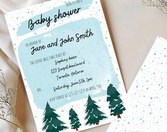 Cyfrowy szablon zaproszenia na baby shower zima | Cyfrowy szablon zaproszenia na zimowy baby shower | Edytuj na Canva