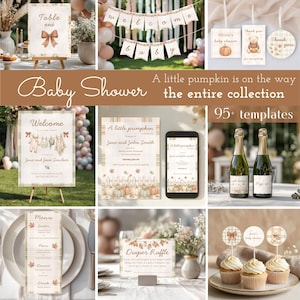 Peut inclure: Une collection de modèles pour fête prénatale sur le thème des citrouilles et des feuilles d'automne. L'ensemble comprend des panneaux, bannières, étiquettes, invitations, menus et décorations de cupcakes avec le texte Table one, Welcome baby.