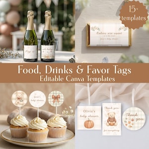 Bevande, cibo e bomboniere per baby shower | Un piccolo tesoro in arrivo | Autunno | Modelli Canva modificabili | Etichette per vino | Decorazioni per cupcake