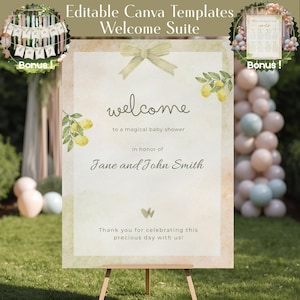 Paquete de bienvenida para baby shower | Plantillas editables de Canva | ¡Qué ganas de abrazarte, bebé! | Limones | Cartel de bienvenida | Plano de asientos | Pancartas