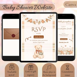 Puede incluir: Una plantilla de sitio web para baby shower en tres dispositivos móviles. Las pantallas muestran un diseño otoñal con calabazas, hojas y un osito de peluche. El texto incluye RSVP, haga clic aquí y detalles del evento con un temporizador.