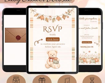 Babyshower-webbplats, interaktiv pumpainbjudan, höstbebis, spårbar OSA, nedräkning, sång (redigerbar Canva-mall) B1