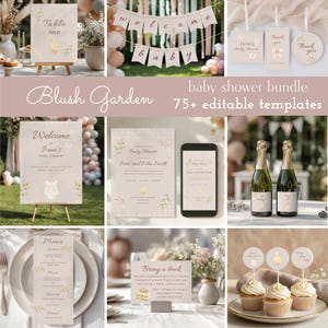 Peut inclure: Un ensemble de fête prénatale comprenant plus de 75 modèles modifiables sur le thème du jardin blush. Inclut une pancarte d'accueil, des guirlandes, des étiquettes, des invitations, des menus, des cartes de livres et des décorations de gâteaux.