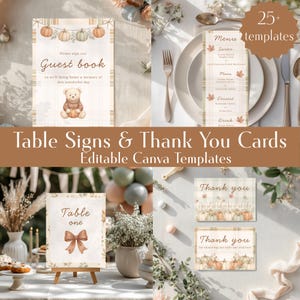 Peut inclure: Un ensemble de modèles Canva modifiables pour des panneaux de table et des cartes de remerciement avec un thème automnal, des citrouilles, un ours en peluche et des motifs écossais. Les textes incluent Guest book, Menu, Table one et Thank you.